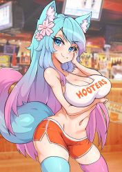 Rule 34 | 1girl, animal ears, asymmetrical legwear, bare shoulders, bebatch, blue eyes, blue hair, blurry, blurry background, breast hold, breasts, cleavage, flower, hair between eyes, hair flower, hair ornament, hand up, highres, hooters, large breasts, makeup, mascara, midriff, multicolored hair, multicolored tail, navel, parted lips, pink hair, purple hair, silvervale, smile, solo, streaked hair, sweat, tail, thighhighs, thighs, two-tone background, virtual youtuber, vshojo, wolf ears, wolf girl, wolf tail