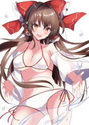 Rule 34 | 1girl, absurdres, bikini, bow, breasts, brown hair, cleavage, cowboy shot, detached sleeves, hair bow, hair tubes, hakurei reimu, heart, highres, long hair, looking at viewer, navel, nenobi (nenorium), red bow, red eyes, simple background, solo, standing, swimsuit, touhou, v-shaped eyebrows, white background, white bikini, wide sleeves