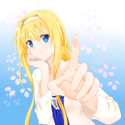 Rule 34 | 1girl, alice zuberg, blonde hair, blue background, blue eyes, blurry, blurry foreground, gradient background, hair between eyes, hair intakes, hairband, head rest, long hair, long sleeves, no-ppo, parted lips, shirt, sidelocks, solo, sword art online, sword art online: alicization, upper body, very long hair, white background, white hairband, white shirt