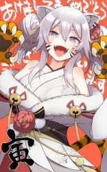 Rule 34 | 1girl, :d, ahoge, akeome, animal ear fluff, animal ears, animal hands, bare shoulders, bell, breasts, double bun, ear piercing, flower, fur-trimmed kimono, fur trim, gloves, grey eyes, grey hair, hair between eyes, hair bun, hair flower, hair ornament, hands up, happy new year, highres, hololive, japanese clothes, jingle bell, kimono, konboi-eg, large breasts, lion ears, lion girl, long hair, long sleeves, looking at viewer, new year, obi, open mouth, paw gloves, piercing, sash, sharp teeth, shishiro botan, shishiro botan (new year), smile, solo, tassel, teeth, tiger paws, virtual youtuber, white kimono, wide sleeves