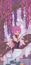 Rule 34 | 1girl, absurdres, ahoge, animal, belt pouch, blue pants, boots, brown footwear, brown sweater, brown vest, chibi, closed mouth, colored eyelashes, fish, fishing, fishing rod, flower, fold-over boots, gail (phoenotopia), highres, holding, holding fishing rod, knee boots, legs together, lily (flower), lily pad, long sleeves, looking down, nenohi yu, official art, orange eyes, outdoors, pants, phoenotopia: awakening, pink eyebrows, pink hair, pouch, puffy long sleeves, puffy sleeves, ribbed sweater, short hair, signature, single sidelock, sitting, sitting on branch, sleeveless, sleeveless sweater, smile, solo, sweater, sweater vest, swept bangs, tree, vest, water, white sleeves