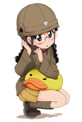 Rule 34 | 1girl, adjusting clothes, adjusting headwear, black hair, blush stickers, boots, braid, brown eyes, brown footwear, brown headwear, brown jacket, chi-hatan military uniform, commentary, fukuda haru, girls und panzer, glasses, helmet, holding, holding stuffed toy, jacket, kanau, knee boots, long hair, long sleeves, looking at viewer, military, military uniform, miniskirt, parted lips, pleated skirt, rimless eyewear, round eyewear, simple background, skirt, solo, squatting, stuffed animal, stuffed duck, stuffed toy, twin braids, twintails, uniform, white background, yellow skirt