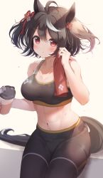 Rule 34 | 1girl, :t, abs, absurdres, ahoge, animal ears, black hair, black pants, blush, bottle, breasts, cleavage, closed mouth, collarbone, hair ribbon, hazuki lime, highres, holding, holding bottle, horse ears, kitasan black (umamusume), large breasts, looking at viewer, multicolored hair, navel, pants, red eyes, red ribbon, ribbon, short hair, simple background, sitting, solo, sports bra, stomach, streaked hair, sweat, towel on one shoulder, two-tone hair, two side up, umamusume, white background, white hair, yoga pants