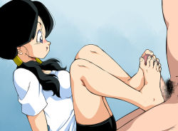 Rule 34 | 1girl, amedama akihito, barefoot, bike shorts, black hair, blue eyes, blush, breasts, censored, clothed female nude male, dragon ball, dragonball z, erection, feet, footjob, from side, gradient background, legs, long hair, looking at another, male pubic hair, medium breasts, mosaic censoring, nude, old school academy, parted lips, penis, pubic hair, shirt, simple background, sitting, smile, solo focus, sweat, sweatdrop, thighs, toes, twintails, videl, white shirt