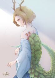 Rule 34 | 1girl, antlers, bare shoulders, blonde hair, blue shirt, dragon girl, dragon horns, dragon tail, highres, horns, kicchou yachie, off shoulder, red eyes, shirt, short hair, simple background, tail, tattoo, touhou, turtle shell, withpote, yellow horns