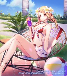 Rule 34 | 1girl, ball, beachball, bendy straw, bikini, blonde hair, blue sky, blush, breasts, chain, character request, cleavage, closed mouth, cloud, commentary request, copyright name, cup, day, drink, drinking glass, drinking straw, flower, hair flower, hair ornament, holding, holding cup, holding drinking glass, ice, ice cube, long hair, lord of vermilion, medium breasts, momoshiki tsubaki, nail polish, outdoors, palm tree, pink flower, pointy ears, red bikini, red eyes, sitting, sky, smile, solo, summer, swimsuit, table, tree, watermark, web address, white flower