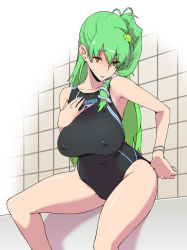 Rule 34 | 1girl, adjusting clothes, adjusting swimsuit, bathroom, black one-piece swimsuit, blush, bracelet, breasts, female focus, frog, frog hair ornament, green hair, hair ornament, hair tubes, huge breasts, indoors, jewelry, kochiya sanae, large breasts, long hair, ogata mamimi, one-piece swimsuit, parted lips, side ponytail, sitting, snake, snake hair ornament, solo, sweatdrop, swimsuit, thighs, tiles, touhou, yellow eyes