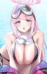 Rule 34 | 1girl, absurdres, bare shoulders, bikini, black bikini, blue archive, blush, breasts, cleavage, crimecrime, eimi (blue archive), eimi (swimsuit) (blue archive), goggles, goggles on head, halo, high ponytail, highres, jacket, large breasts, long hair, long sleeves, looking at viewer, off shoulder, open clothes, open jacket, open mouth, pink hair, pink jacket, purple eyes, scarf, sidelocks, ski goggles, solo, swimsuit, white scarf