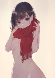 Rule 34 | 1girl, beige background, black hair, breasts, gin (oyoyo), grey eyes, groin, looking at viewer, medium breasts, mole, mole under mouth, naked scarf, navel, nude, original, red scarf, scarf, simple background, solo