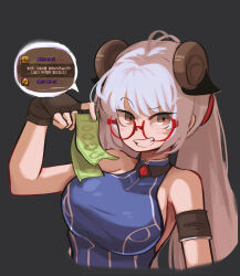 Rule 34 | 1girl, antenna hair, armband, bare shoulders, black background, blue shirt, brown eyes, character request, dungeon and fighter, highres, holding, holding money, horns, hwaryeok, long hair, money, red-framed eyewear, shirt, sleeveless, sleeveless shirt, smile, solo, teeth, twintails, upper body, white hair