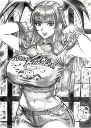 Rule 34 | 1girl, animal print, bat print, breasts, choker, clothes writing, commentary request, crop top, demon girl, denim, greyscale, hands in hair, head wings, heart, heart choker, huge breasts, jeans, long hair, looking at viewer, midriff, monochrome, morrigan aensland, navel, pants, signature, skidrow, skindentation, smile, solo, tank top, tongue, tongue out, vampire (game), window, wings