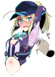 Rule 34 | 1girl, absurdres, ahoge, arm up, armpits, arms up, artoria pendragon (fate), baseball cap, blonde hair, blue eyes, blue headwear, blush, cleavage cutout, clothing cutout, commentary request, cropped torso, disembodied hand, elbow gloves, fate/grand order, fate (series), flat chest, full-face blush, gloves, hat, highres, kobo (cobo 0609), long hair, mysterious heroine x (fate), mysterious heroine x (third ascension) (fate), navel, ponytail, purple gloves, see-through, simple background, solo focus, stained clothes, steam, steaming body, sweat, sweat stain, translation request, upper body, v-shaped eyebrows, white background