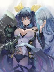 Rule 34 | 1boy, 2girls, absurdres, bad id, bad pixiv id, bare shoulders, belt, black panties, blue hair, bow, breasts, choker, cleavage, clothing cutout, dizzy (guilty gear), eyelashes, green eyes, guilty gear, guilty gear xrd, hair between eyes, hair bow, highres, huge filesize, large breasts, long hair, looking at viewer, midriff, multiple belts, multiple girls, navel, necro (guilty gear), panties, pos (shiratama-ya), red eyes, skull, smile, sunlight, thigh strap, thighhighs, twintails, underwear, undine (guilty gear), wide sleeves, wings, yellow bow