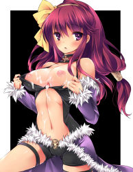 Rule 34 | 1girl, bare shoulders, black background, blush, bow, breasts, cameltoe, choker, cum, cum on body, cum on breasts, cum on upper body, detached sleeves, eyebrows, fur-trimmed sleeves, fur-trimmed waist cape, fur trim, hair bow, hair ornament, long hair, low-tied long hair, medium breasts, navel, nipples, open clothes, open mouth, puffy nipples, purple eyes, purple hair, ragnarok online, short shorts, shorts, solo, sorai shin&#039;ya, stalker, stalker (ragnarok online), waist cape