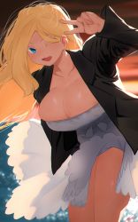 Rule 34 | 1girl, :d, black jacket, blonde hair, blue eyes, breasts, bursting breasts, cleavage, cowboy shot, dress, hand up, highres, jacket, large breasts, leaning forward, long hair, looking at viewer, miami-chan (ryusei hashida), one eye closed, open clothes, open jacket, open mouth, original, ryusei hashida, smile, solo, standing, strapless, strapless dress, sunset, v, white dress