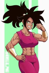 Rule 34 | 1girl, abs, absurdres, artist name, black hair, breasts, commentary, crop top, dragon ball, dragon ball super, earrings, english commentary, highres, jewelry, kefla (dragon ball), krello png, looking at viewer, medium breasts, midriff, muscular, muscular female, pants, potara earrings, purple tank top, saiyan, smile, solo, tank top