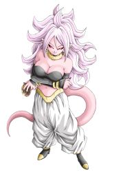 Rule 34 | 1girl, android 21, breasts, colored skin, dragon ball, dragon ball fighterz, fangs, female focus, full body, highres, large breasts, long hair, looking at viewer, majin android 21, monster girl, pink skin, simple background, smile, tail, tongue, tongue out, toriyama akira (style), young jijii