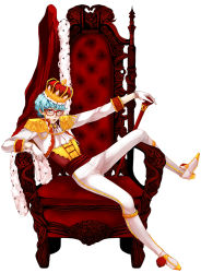 Rule 34 | 1boy, ascot, bad id, bad pixiv id, cape, crown, epaulettes, ghiaccio, gloves, jangmgj, jojo no kimyou na bouken, looking at viewer, male focus, pantyhose, pom pom (clothes), sitting, solo, thighhighs, throne, white background