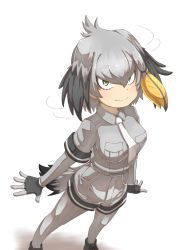 Rule 34 | 10s, 1girl, arms at sides, belt, bird tail, black gloves, black hair, bodystocking, breast pocket, collared shirt, fingerless gloves, foreshortening, from above, full body, gloves, green eyes, grey hair, grey necktie, grey shirt, grey shorts, head wings, highres, kemono friends, long hair, looking at viewer, looking up, low ponytail, motion lines, multicolored hair, necktie, orange hair, outstretched arms, pantyhose, pocket, shaking head, shirt, shoebill (kemono friends), short sleeves, shorts, side ponytail, simple background, smile, solo, standing, tail, thin (suzuneya), white background, wing collar, wings