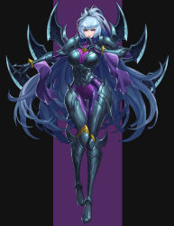 Rule 34 | 1girl, absurdres, armor, black background, blade, blue eyes, eyeliner, eyeshadow, finger to mouth, greaves, grey hair, hand gesture, hella p, highres, irelia, league of legends, lipstick, long hair, makeup, nightblade irelia, pauldrons, ponytail, purple background, purple eyeshadow, purple lips, scratches, shoulder armor, simple background, smile, solo, standing, torn clothes, turtleneck, weapon