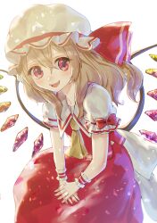 Rule 34 | 1girl, alternate hairstyle, ascot, backlighting, cowboy shot, crystal, fangs, flandre scarlet, highres, leaning forward, long hair, looking at viewer, multicolored wings, open mouth, puffy short sleeves, puffy sleeves, red eyes, red skirt, red vest, rin (rin7kan7), shirt, short sleeves, simple background, skirt, skirt set, solo, teeth, touhou, upper teeth only, vest, white background, white headwear, white shirt, wings, wrist cuffs, yellow ascot