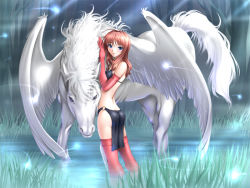 Rule 34 | 1girl, 7 online, ahoge, ass, back, bikini, bikini top only, black bikini, blue eyes, blush, brown hair, elbow gloves, fantasy, flat chest, from behind, game cg, gloves, glowing, grass, horse, leather, lingerie, loincloth, long hair, looking back, nature, outdoors, pegasus, red hair, red thighhighs, sano toshihide, shichinin no online gamers, shiny clothes, solo, standing, swimsuit, tetuko, thighhighs, underwear, wading, water, wet, wet clothes, wings