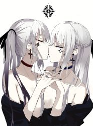 Rule 34 | 2girls, braid, choker, closed eyes, collarbone, commentary, earrings, facial mark, fingernails, from side, green night, hair between eyes, hair ornament, hair ribbon, highres, holding hands, jewelry, kiss, multiple girls, nail polish, original, ribbon, simple background, upper body, white background, white hair, yuri