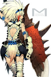 Rule 34 | 1girl, armor, armpits, barioth (armor), blue eyes, blue gloves, capcom, copyright name, earrings, facial mark, gloves, greatsword, hairband, huge weapon, jewelry, jyun xix, leaning back, looking away, looking back, monster hunter, monster hunter (series), monster hunter 3, navel, scar, solo, spiked hairband, spikes, sword, thighhighs, vambraces, weapon, white hair
