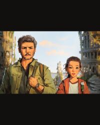 Rule 34 | 1boy, 1girl, blurry, blurry background, brown eyes, brown hair, child, collared jacket, ellie (the last of us), facial hair, green jacket, grey shirt, hair pulled back, highres, jacket, joel (the last of us), letterboxed, mature male, orange jacket, outdoors, parted lips, sam yang, shirt, short hair, the last of us, the last of us (series), upper body, watch, white shirt, wristwatch