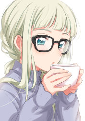 Rule 34 | 1girl, absurdres, aikatsu!, aikatsu! (series), black-framed eyewear, blue eyes, blue sweater, blunt bangs, blush, cup, glasses, highres, holding, holding cup, long sleeves, parted lips, sekina, silver hair, simple background, solo, steam, sweater, todo yurika, upper body, white background