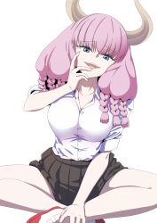 Rule 34 | 1girl, arisawa, aura (sousou no frieren), blue eyes, braid, breasts, buttons, collarbone, demon girl, demon horns, horns, large breasts, long hair, looking at viewer, multiple braids, open mouth, pink hair, school uniform, shirt, shoes, simple background, skirt, smug, sousou no frieren, thighs, twin braids, white background, white shirt