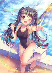 Rule 34 | 1girl, ahoge, barefoot, blurry, blush, braid, breasts, cleavage, collarbone, competition swimsuit, covered navel, depth of field, dolphin hair ornament, fang, foreshortening, goggles, hair ornament, hairclip, heart, heart hair ornament, holding, holding goggles, lane line, large breasts, lens flare, long hair, looking at viewer, mitsuhachi8, moe2017, one-piece swimsuit, open mouth, original, pool, sidelocks, smile, solo, swept bangs, swimsuit, thighs, twintails, v, very long hair, water drop, wet