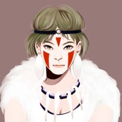 Rule 34 | 1girl, brown eyes, brown hair, chibigou, closed mouth, earrings, facepaint, facial mark, fur, headband, highres, jewelry, looking at viewer, mononoke hime, necklace, san (mononoke hime), short hair, simple background, solo, tooth necklace