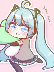 Rule 34 | 1girl, ahoge, black socks, blue eyes, blue hair, blush, detached sleeves, eyelashes, grey shirt, hatsune miku, headset, holding, holding stuffed toy, kneeling, long hair, miku day, minimuni0913, miniskirt, number tattoo, outline, pink background, pleated skirt, pout, shirt, shoulder tattoo, skirt, socks, solo, spring onion, stuffed toy, tattoo, tears, translation request, twintails, very long hair, vocaloid, wavy mouth, white outline