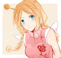 Rule 34 | 1girl, artist name, blonde hair, blue eyes, braid, character name, conis (one piece), long hair, looking at viewer, mako1124, one piece, smile, solo, wings