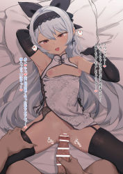 Rule 34 | 1boy, 1girl, armpits, bar censor, bed sheet, bee (deadflow), black bow, black gloves, black hairband, black thighhighs, blush, bow, breasts, breasts out, censored, china dress, chinese clothes, cross, cross earrings, dress, earrings, elbow gloves, garter belt, girls&#039; frontline, gloves, hair bow, hairband, hetero, highres, imminent penetration, imminent vaginal, jewelry, just the tip, leg grab, long hair, lying, nipples, on back, open mouth, penis, petite, pillow, pov, red eyes, silver hair, small breasts, solo focus, thighhighs, tokarev (girls&#039; frontline), translation request