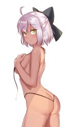 Rule 34 | 1girl, animal ears, ass, bikini, black bikini, black bow, blush, bow, breasts, butt crack, closed mouth, commentary request, covering breasts, covering privates, cowboy shot, d z, fate/grand order, fate (series), from side, hair bow, hand on own chest, highleg, highleg bikini, highres, looking at viewer, looking to the side, medium breasts, okita souji (fate), okita souji alter (fate), okita souji alter (first ascension) (fate), pink hair, short hair, sideboob, simple background, solo, swimsuit, untied bikini, white background, yellow eyes