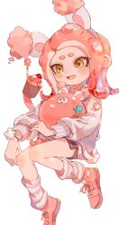 Rule 34 | 1girl, animal ears, black shorts, commentary, cross-laced footwear, cupcake, fake animal ears, food, full body, highres, jellyfish (splatoon), leg warmers, medium hair, nintendo, octoling, octoling girl, octoling player character, open mouth, pink footwear, pink hair, rabbit ears, shoes, shorts, simple background, smile, splatoon (series), sweater, symbol-only commentary, tentacle hair, thick eyebrows, white background, yellow eyes, yksb inc6