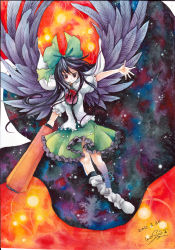 Rule 34 | 1girl, arm cannon, artist name, black hair, dated, feathered wings, female focus, highres, long hair, mosho, red eyes, reiuji utsuho, skirt, smile, solo, third eye, touhou, traditional media, weapon, wings