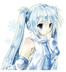 1girl 2000s_(style) absurdres blue_eyes blue_hair detached_sleeves earmuffs hatsune_miku highres long_hair looking_at_viewer mittens patterned_hair scarf shirt sleeveless sleeveless_shirt smile snowflake_print snowflakes solo takanashi_(takanya_shi) twintails vocaloid white_mittens white_scarf white_shirt yuki_miku yuki_miku_(2011)