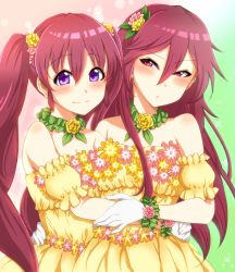 Rule 34 | 10s, 2girls, bare shoulders, blush, bracelet, breasts, cleavage, dress, flower, gloves, hair flower, hair ornament, hana (hn nzm), highres, hug, jewelry, leaf, long hair, looking at viewer, love live!, love live! school idol festival, mido yuri, miyashita coco, miyashita coco (love live!), multiple girls, open mouth, pink hair, purple eyes, red eyes, red hair, small breasts, smile, sparkle, twintails, upper body