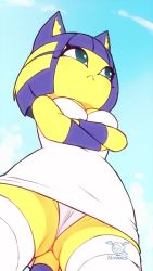 Rule 34 | 1girl, :&lt;, animal crossing, animated, ankha (animal crossing), arms under breasts, audible music, blue eyes, blue hair, bob cut, cat, crossed arms, egyptian clothes, from below, furry, game, highres, looking at viewer, looking down, narrowed eyes, nintendo, panties, pantyshot, short hair, solo, sound, speech bubble, sunset nivaris, thighhighs, underwear, upskirt, video, yellow fur