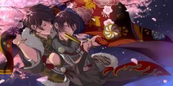 Rule 34 | 2boys, alternate costume, black hair, brothers, cherry blossoms, detached sleeves, ensemble stars!, hand fan, highres, holding, holding fan, japanese clothes, jewelry, looking at another, multiple boys, petals, red eyes, sakuma rei (ensemble stars!), sakuma ritsu, seigaiha, siblings