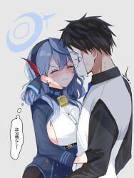 Rule 34 | 1boy, 1girl, absurdres, ako (blue archive), anger vein, bell, black gloves, black hair, black shirt, blue archive, blue dress, blue hair, blue halo, blue necktie, blush, breasts, clenched teeth, closed eyes, cowbell, dress, formal, gloves, grey background, hair between eyes, halo, highres, large breasts, medium hair, mutsu 6256, necktie, open mouth, paper, paper on head, sensei (blue archive), shirt, sideboob, simple background, suit, sweatdrop, teeth, translation request, white shirt, white suit