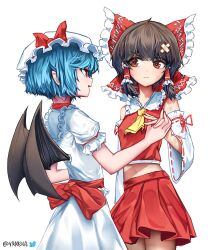 Rule 34 | 2girls, ascot, back bow, bandaid, bandaid on head, bat wings, black hair, blue hair, bow, brown eyes, brown hair, bruise, closed mouth, commentary, cowboy shot, crossed bandaids, detached sleeves, frilled bow, frilled hair tubes, frills, hair bow, hair tubes, hakurei reimu, hat, hat bow, highres, holding hands, injury, looking at another, medium hair, midriff, mob cap, multiple girls, navel, pointy ears, raised eyebrows, red bow, red eyes, red skirt, red vest, remilia scarlet, ribbon-trimmed sleeves, ribbon trim, shirt, short hair, short sleeves, sideways glance, simple background, skirt, sweatdrop, torn clothes, touhou, twitter username, vest, vrabius, white background, white headwear, white shirt, white skirt, white sleeves, wings, yellow ascot