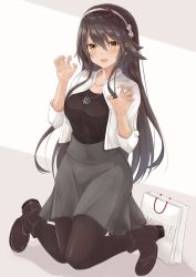 1girl, anchor necklace, black footwear, black hair, black legwear, black shirt, boots, breasts, brown eyes, gensoukitan, grey skirt, hair ornament, hairband, hairclip, haruna (kancolle), highres, jacket, jewelry, kantai collection, large breasts, long hair, medium skirt, official alternate costume, open clothes, open jacket, pantyhose, ring, shirt, skirt, solo, wedding band, white hairband, white jacket