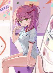 Rule 34 | 1girl, absurdres, alternate costume, bandage on finger, blush, book, bra visible through clothes, breasts, commentary, green eyes, hand up, highres, holding, holding book, hololive, large breasts, looking at viewer, lovelyme, open mouth, pink hair, ponytail, pov, sakura miko, school uniform, see-through, see-through shirt, shirt, short sleeves, sitting, solo, sweat, symbol-only commentary, thighs, virtual youtuber, white shirt