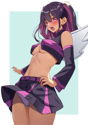 1girl 2.5_jigen_no_ririsa absurdres akihiro0920 bare_shoulders belt black_hair black_skirt black_sleeves blush border breasts commentary_request cosplay cowboy_shot crop_top detached_sleeves fake_wings green_background highres looking_at_viewer medium_hair midriff miriella_(2.5_jigen_no_ririsa) miriella_(2.5_jigen_no_ririsa)_(cosplay) multicolored_hair navel open_mouth outside_border panties pantyshot pink_skirt pleated_skirt purple_belt purple_eyes purple_hair purple_panties purple_trim skirt sleeveless small_breasts solo stomach tachibana_mikari two-tone_hair two-tone_skirt two_side_up underboob underwear white_border white_wings wig wings