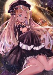 Rule 34 | 1girl, :d, abigail williams (fate), black bow, black dress, black hat, blonde hair, bloomers, blue eyes, blurry, blurry background, blush, bow, bug, butterfly, commentary request, cropped legs, depth of field, dress, fate/grand order, fate (series), forehead, hair bow, hands up, hat, head tilt, highres, hugging object, indoors, insect, long hair, long sleeves, looking at viewer, multiple hair bows, open mouth, orange bow, parted bangs, polka dot, polka dot bow, round teeth, shin murasame, sitting, sleeves past fingers, sleeves past wrists, smile, solo, stuffed animal, stuffed toy, sunlight, teddy bear, teeth, underwear, upper teeth only, very long hair, wariza, white bloomers