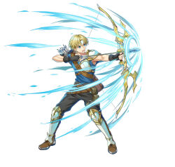 Rule 34 | 1boy, aiming, attack, blonde hair, blue eyes, bow (weapon), brown pants, febail (fire emblem), fingerless gloves, fire emblem, fire emblem: genealogy of the holy war, full body, gloves, headband, male focus, nintendo, official art, open mouth, pants, quiver, single shoulder pad, solo, v-shaped eyebrows, weapon, white background, white headband